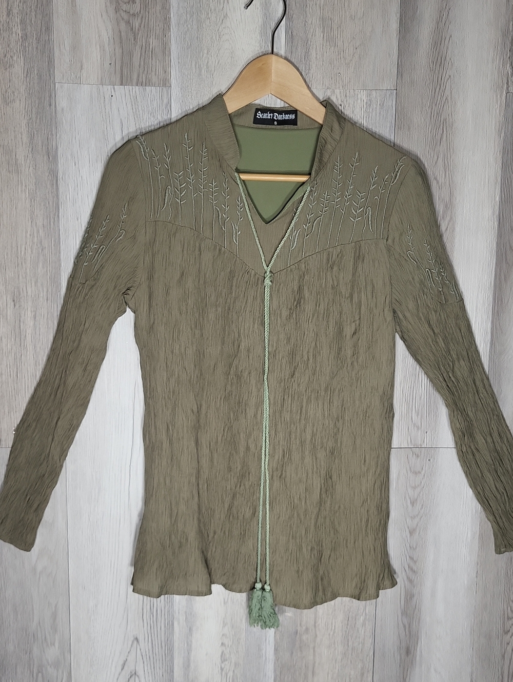 Scarlet Darkness Embroidered Blouse Small Olive Green Tassel Boho Goth